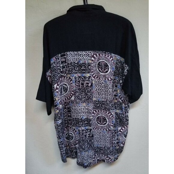 Vintage Maxx FM Men Large Button Up Short Sleeve Shirt Black Printed Lightweight - Picture 2 of 5